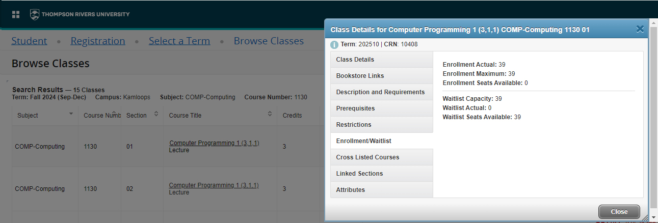 Course Schedule Enrolment/Waitlist