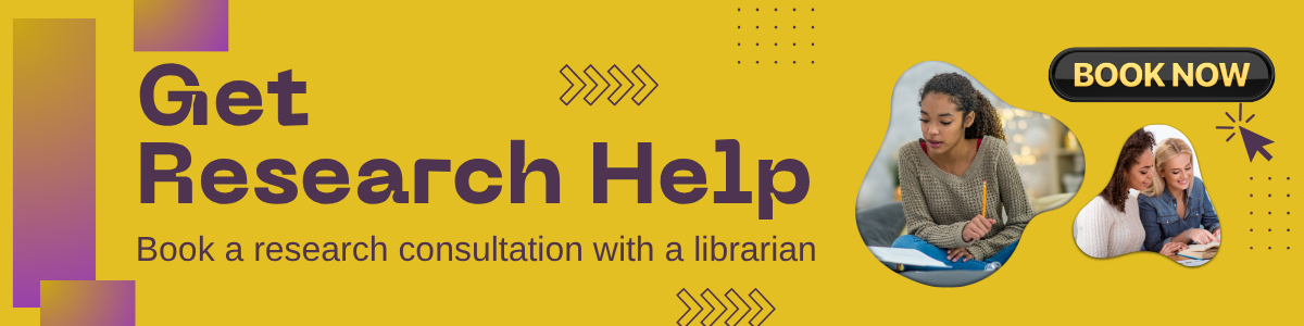 Get Research Help banner with images of people studying and button labeled 'BOOK NOW'. Click to make an appointment with a librarian.